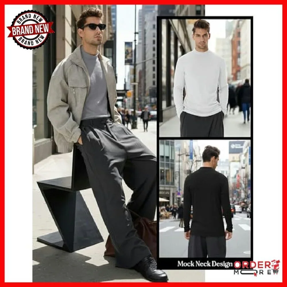 Men's Big Tall Mock Turtleneck Long Sleeve Cotton Tees 3-Pack Loose Fit